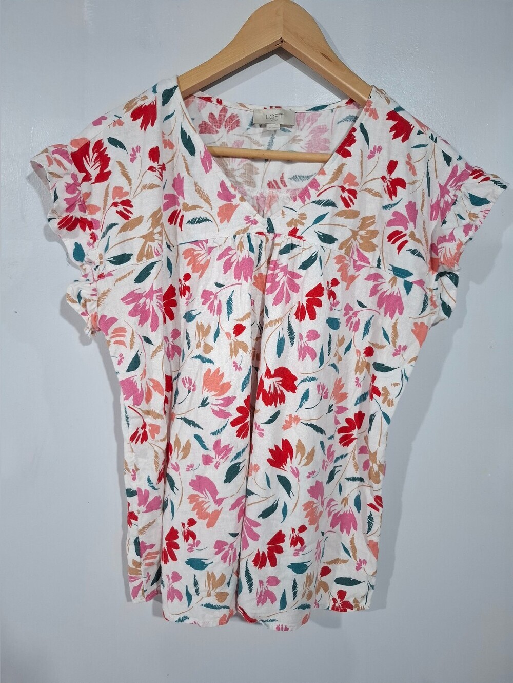 LOFT White Floral Ruffle Short-Sleeve Blouse Linen Blend Peasant Sz M
